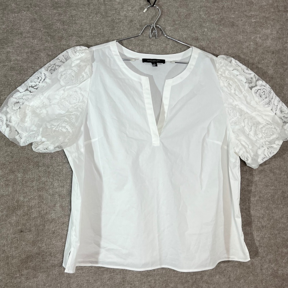 Marc New York Blouse Womens 2X White Lace Puff Sleeve Split Neck Cotton Blend
